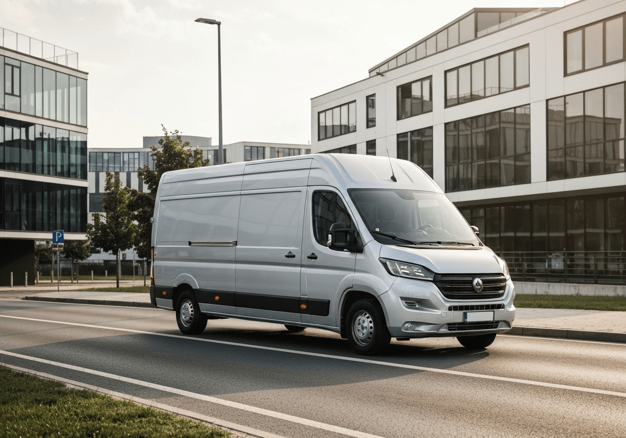 A professional logistics delivery van driving through a scenic, sunlit road near the Beroun region with modern architecture in the background, editorial photography, clean aesthetic, soft natural light, 85mm lens, highly detailed, no text, no letters