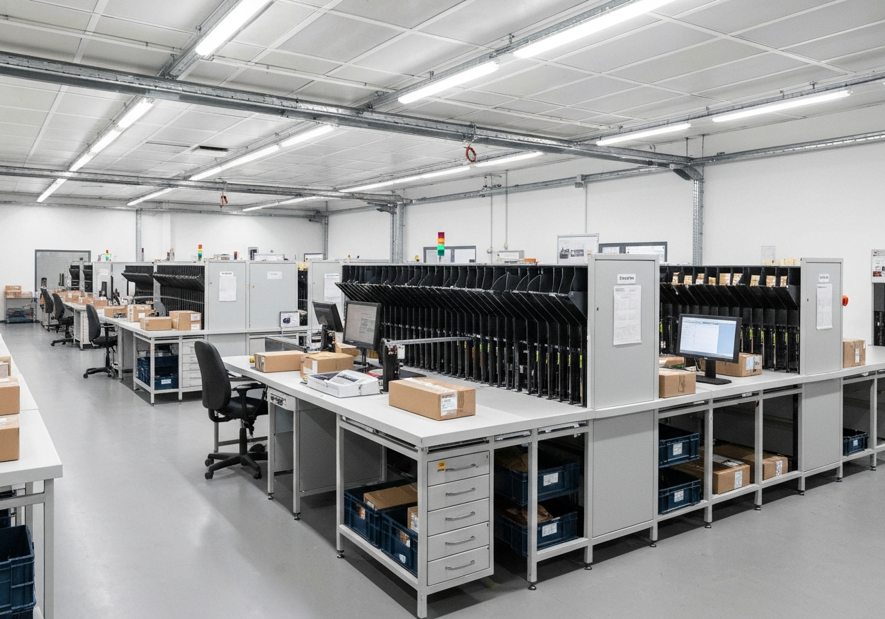 A professional, modern postal distribution center in Plzen, clean aesthetic, organized parcels, editorial photography, soft natural light, 85mm lens, highly detailed, no text, no words, no letters.