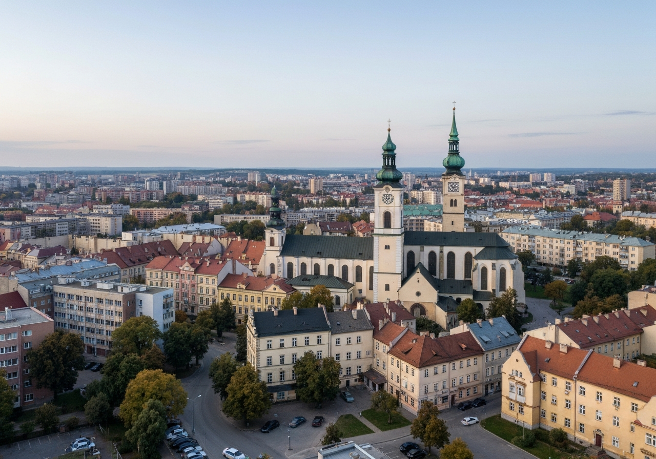 Aerial view of Plzeň cityscape, modern residential districts mixed with historic architecture, clean urban planning, editorial photography, soft natural light, 85mm lens, high resolution, no text, no words, no letters