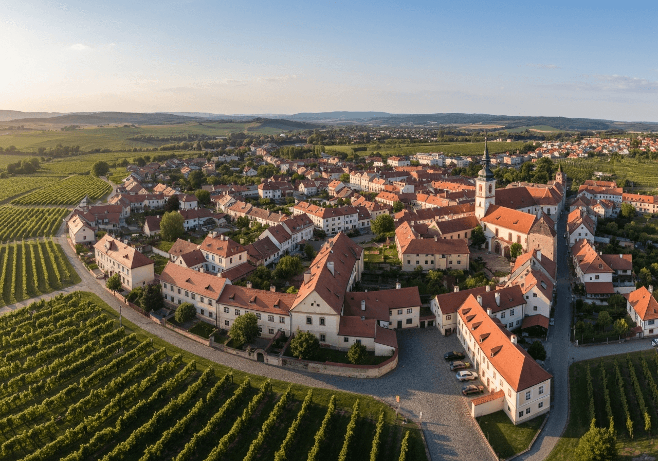Aerial view of the historic town of Bzenec in the South Moravian region, rolling vineyards in the background, golden hour soft natural light, editorial photography, wide angle 35mm lens, highly detailed, sharp focus, no text, no letters
