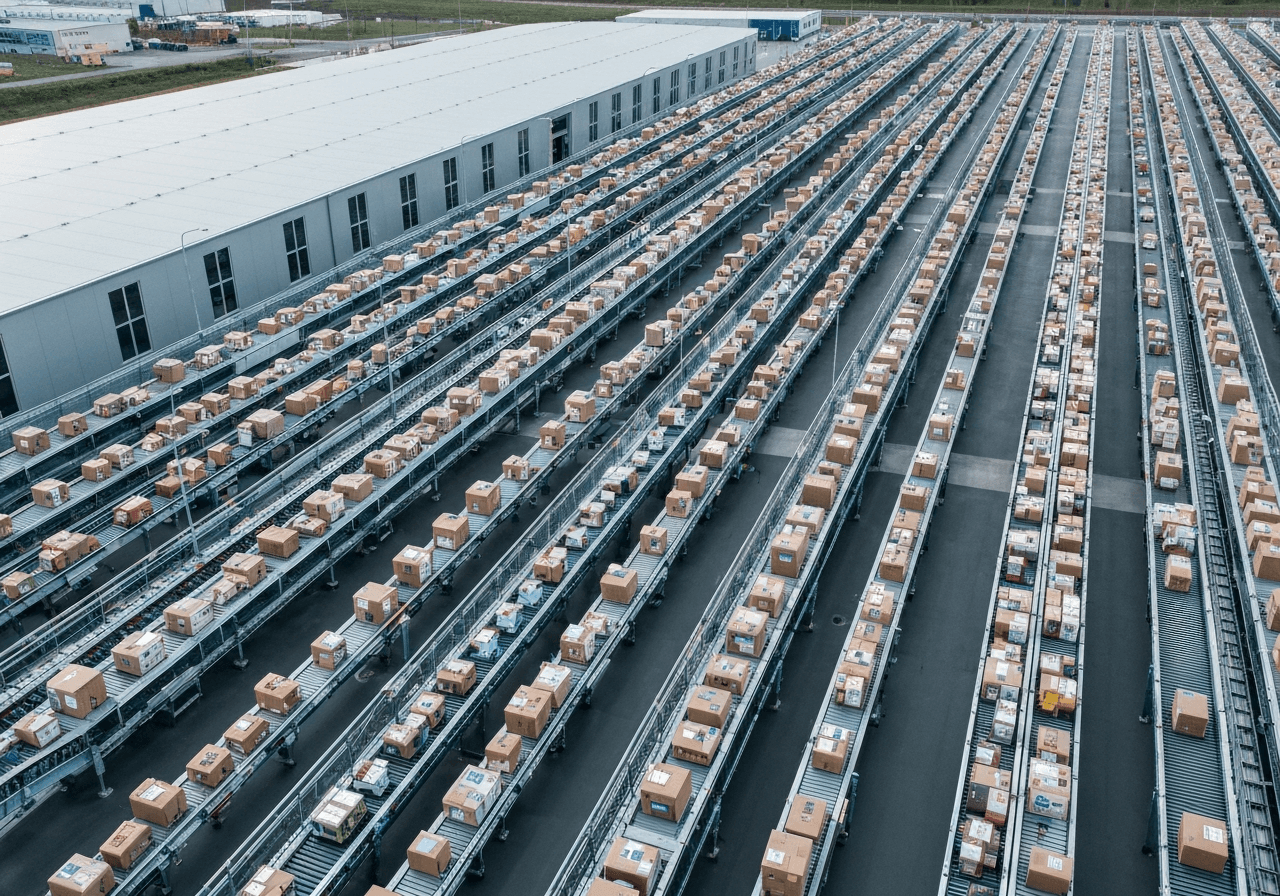 Aerial view of a modern logistics sorting facility in the South Moravian region, organized parcels on conveyor belts, clean industrial design, premium editorial photography, soft natural light, 85mm lens, highly detailed, no text, no letters