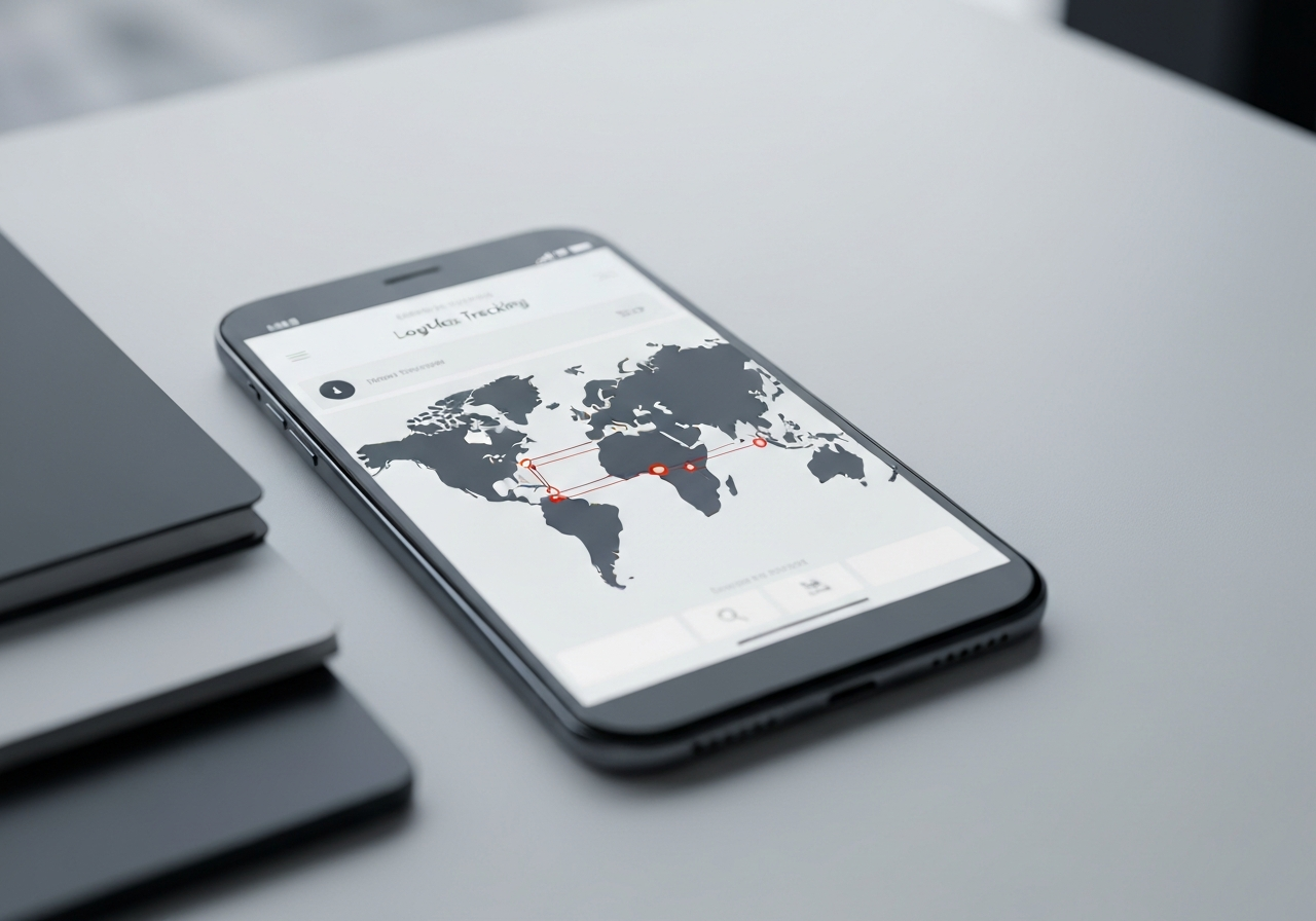 A professional digital interface on a smartphone screen showing a global logistics tracking map with a clean, minimalist desktop background, Editorial photography, modern and premium office aesthetic, soft natural light, 85mm lens, highly detailed, no text, no words, no letters