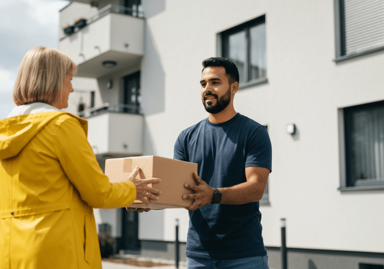 A professional logistics delivery worker handing a parcel to a resident in front of a clean, modern apartment building in Ceska Lipa, editorial photography, bright daylight, 85mm lens, shallow depth of field, high quality, no text, no words