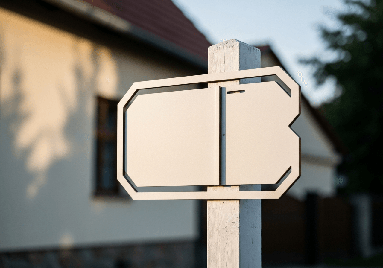 A detailed close-up shot of a modern residential street sign in the Czech countryside, soft natural light, clean editorial composition, 85mm lens, blurred architectural background, no text, no words, no letters.