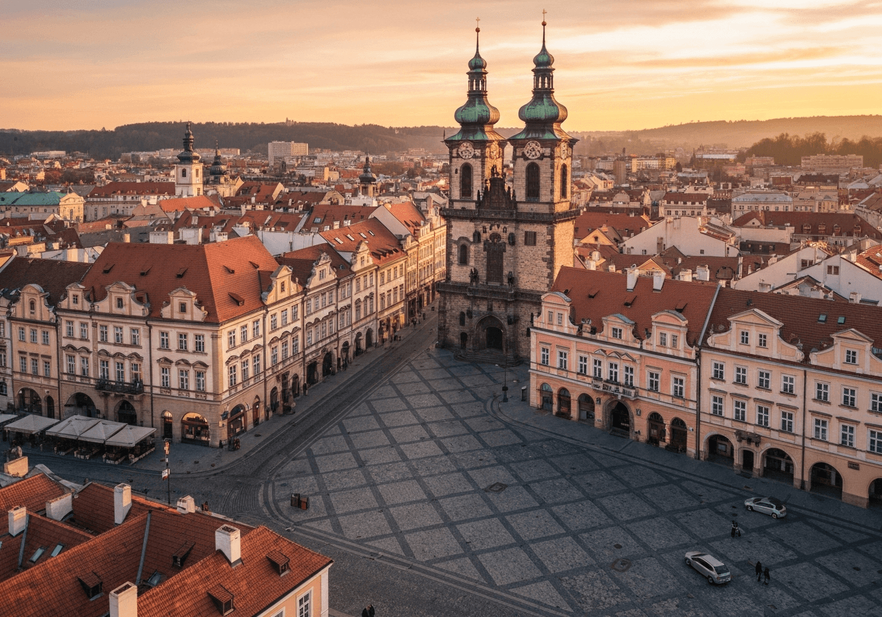 Aerial view of a charming historical town square in Central Bohemia, warm sunset lighting, editorial photography, 85mm lens, sharp focus on architecture, no text, no words, no letters