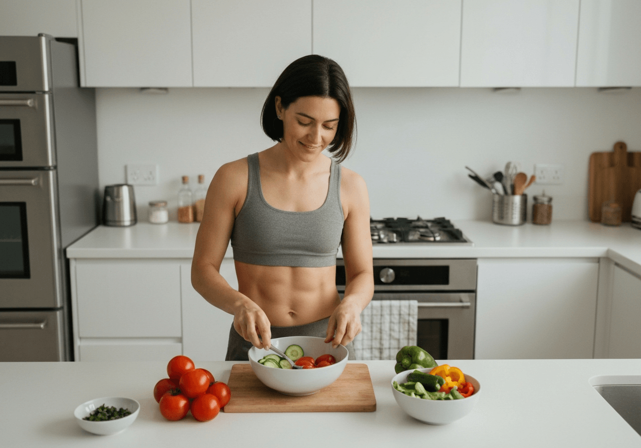 A healthy person preparing a fresh vegetable salad in a bright, modern minimalist kitchen, top-down view, soft natural daylight, 85mm lens, high-end editorial photography style, no text, no letters.