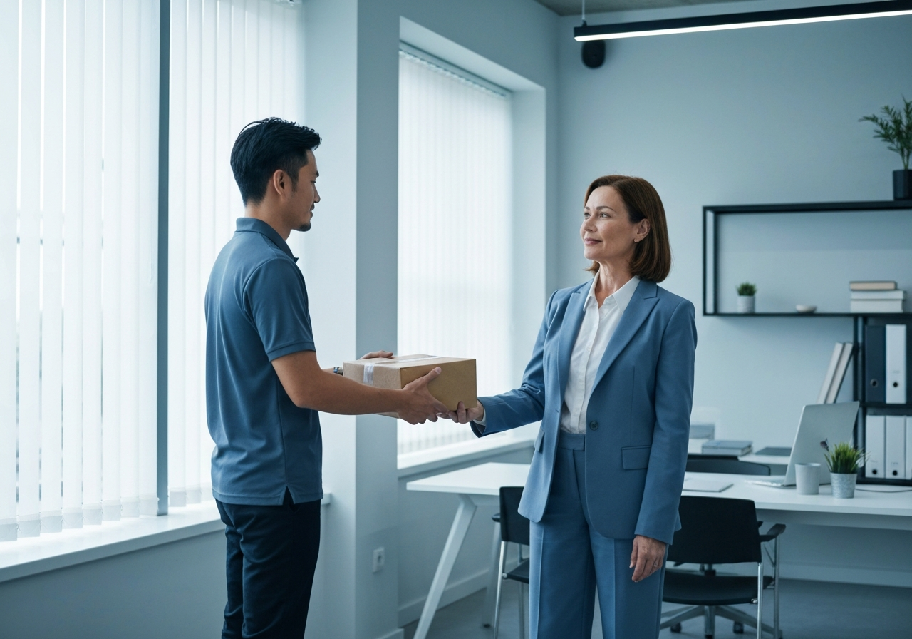 A professional courier handing a package to a business client in a minimalist modern office, bright natural light, premium corporate aesthetic, editorial photography, 85mm lens, high resolution, no text, no letters