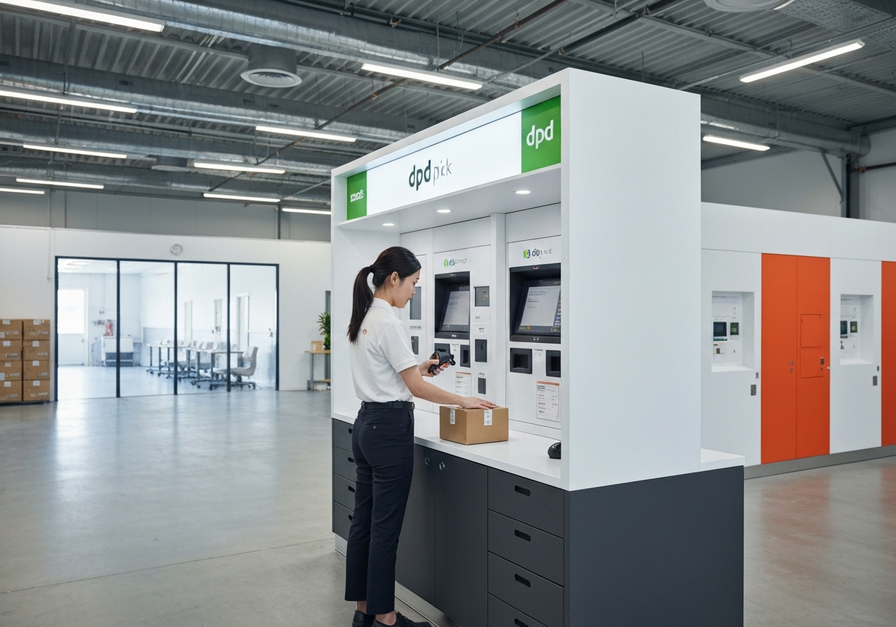 Modern, clean warehouse environment with a organized DPD pickup station and a professional courier scanning a parcel, editorial photography, minimalist aesthetic, soft natural light, 85mm lens, highly detailed, no text, no letters