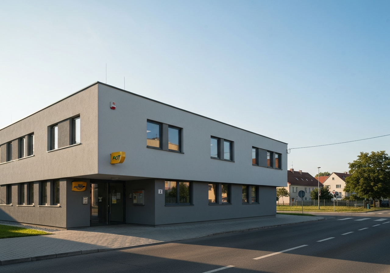 Exterior view of a modern Czech post office building on a sunny day, architectural editorial photography, minimalist urban setting in Horní Počernice, soft natural morning light, 85mm lens, highly detailed, no text, no letters.