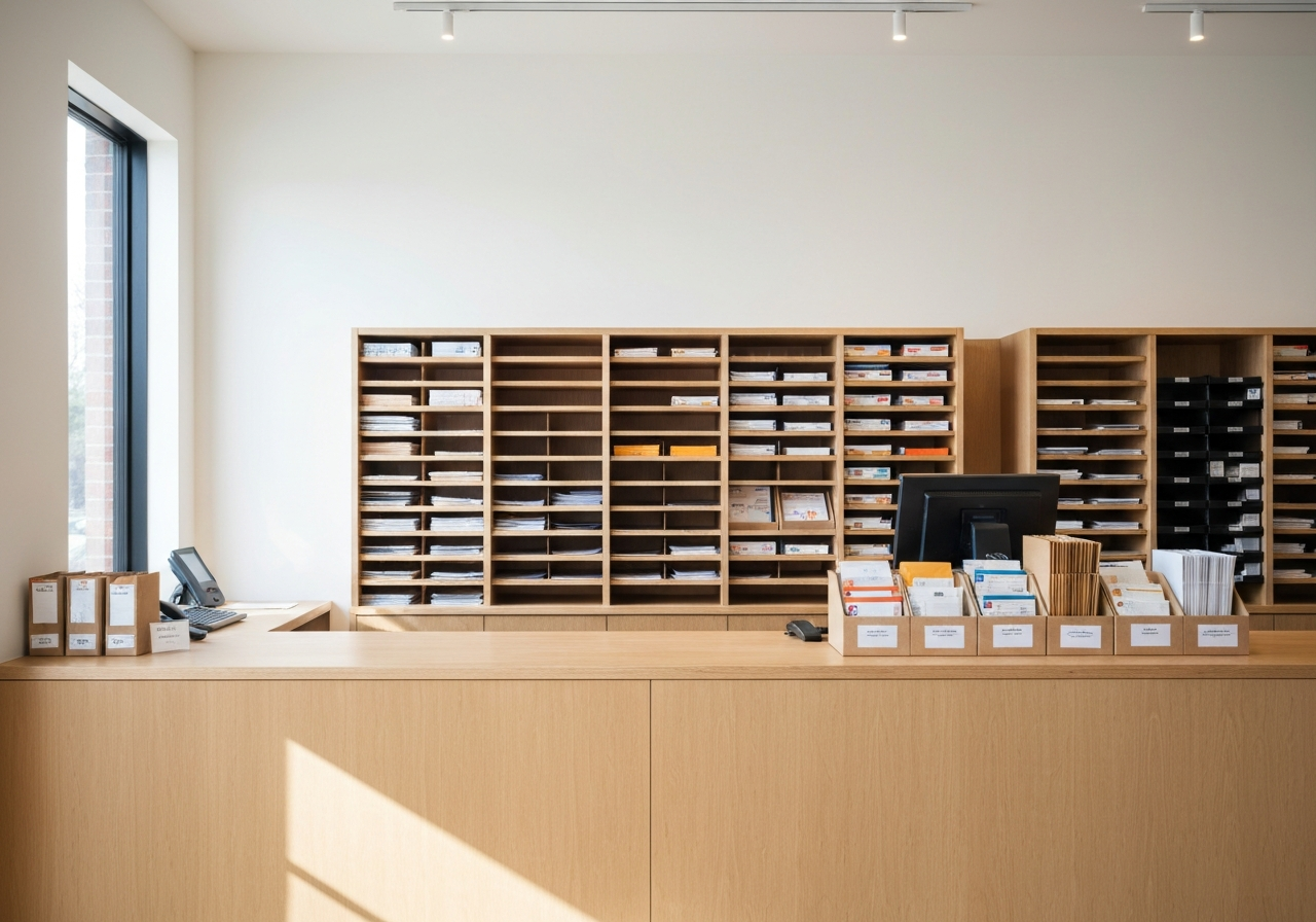 Professional editorial photography of a modern, organized postal service counter with clean wooden textures, soft natural lighting coming from a side window, depth of field with an 85mm lens, minimalist aesthetic, no text, no words, no letters