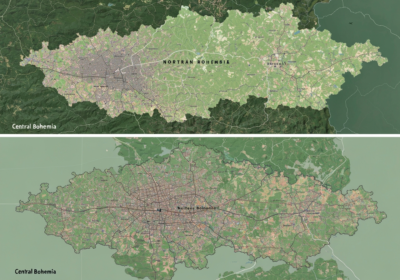 A split view showing a map of Central Bohemia and Northern Bohemia, professional cartographic style, clean aesthetic, top-down view, soft natural light, 85mm lens, highly detailed, no text, no words, no letters.