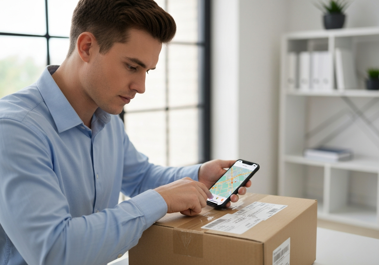 Close-up of a person checking a shipping label on a cardboard parcel with a smartphone screen displaying a postal code map, modern home office background, soft natural light, 85mm lens, high quality editorial style, no text, no letters