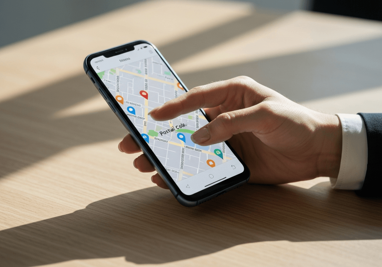 A professional hand holding a modern smartphone searching for a postal code on a digital map, clean minimalist wooden office desk background, soft natural lighting, high-end editorial photography, 85mm lens, no text, no words, no letters