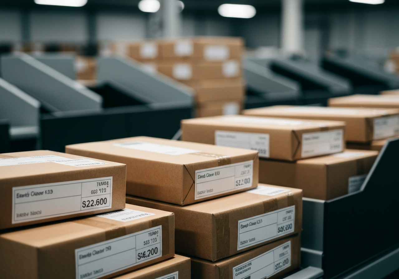 A detailed high-angle close-up shot of a modern, organized logistics sorting center, blurred stacks of parcels with readable address labels, professional clean aesthetic, editorial style, soft cinematic lighting, 85mm lens, high resolution, no text, no letters.