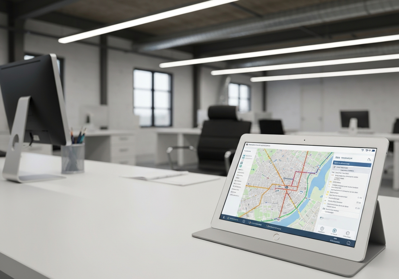 A professional logistics office scene showing a clean desk with a digital tablet displaying a postal routing map of Prague, modern industrial interior, editorial photography, sharp focus, 85mm lens, soft natural lighting, no text, no letters.