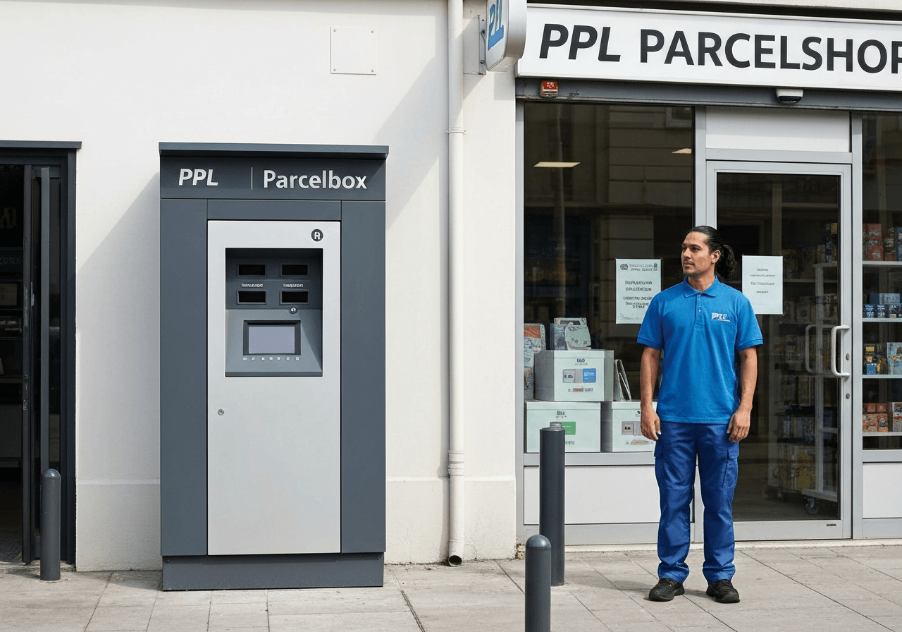 A professional delivery courier standing next to a modern automated PPL Parcelbox and a traditional PPL Parcelshop storefront, clean urban environment, soft natural daylight, premium editorial photography, 85mm lens, no text, no words, no letters.