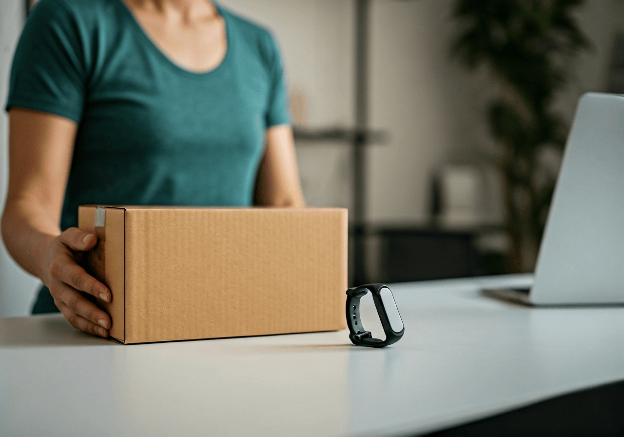 A healthy person holding a package next to a fitness tracker in a bright modern home office, lifestyle photography, minimalist aesthetic, soft natural light, 85mm lens, high quality, no text, no words, no letters