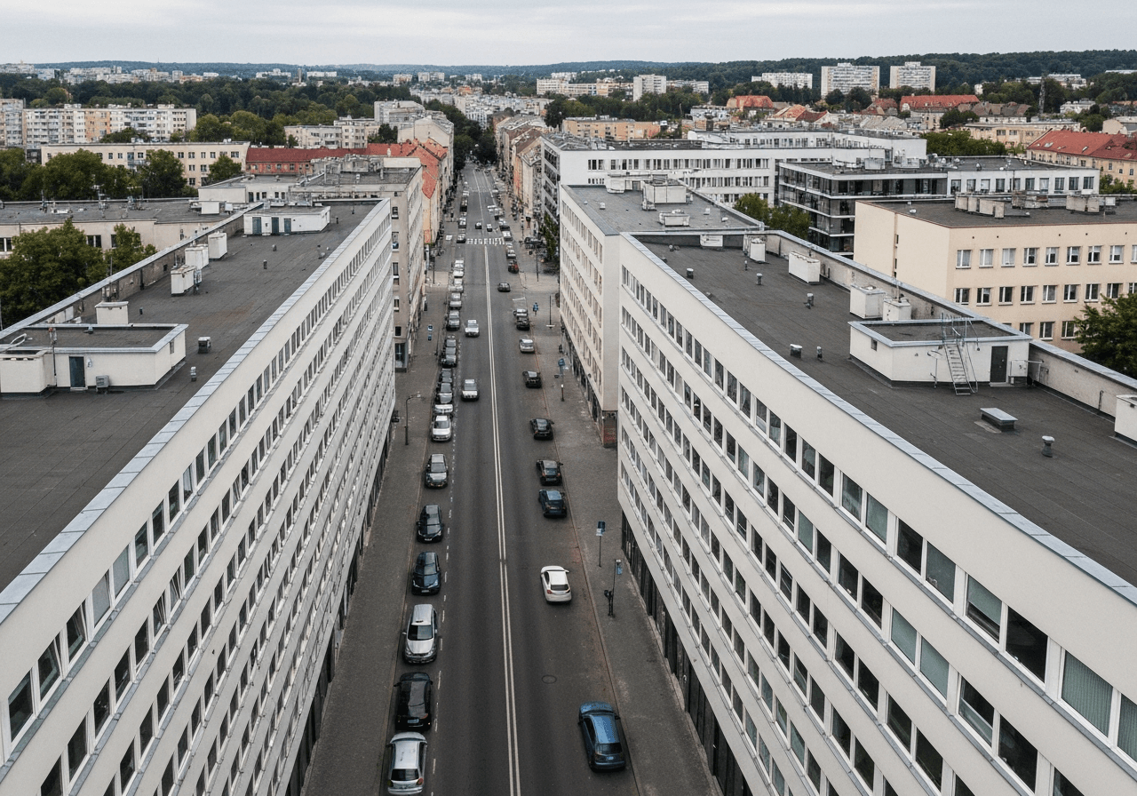 Aerial view of a long urban street stretching through Ostrava city, clean architectural lines, modern editorial style, high contrast, soft natural daylight, 85mm lens, no text, no words, no letters
