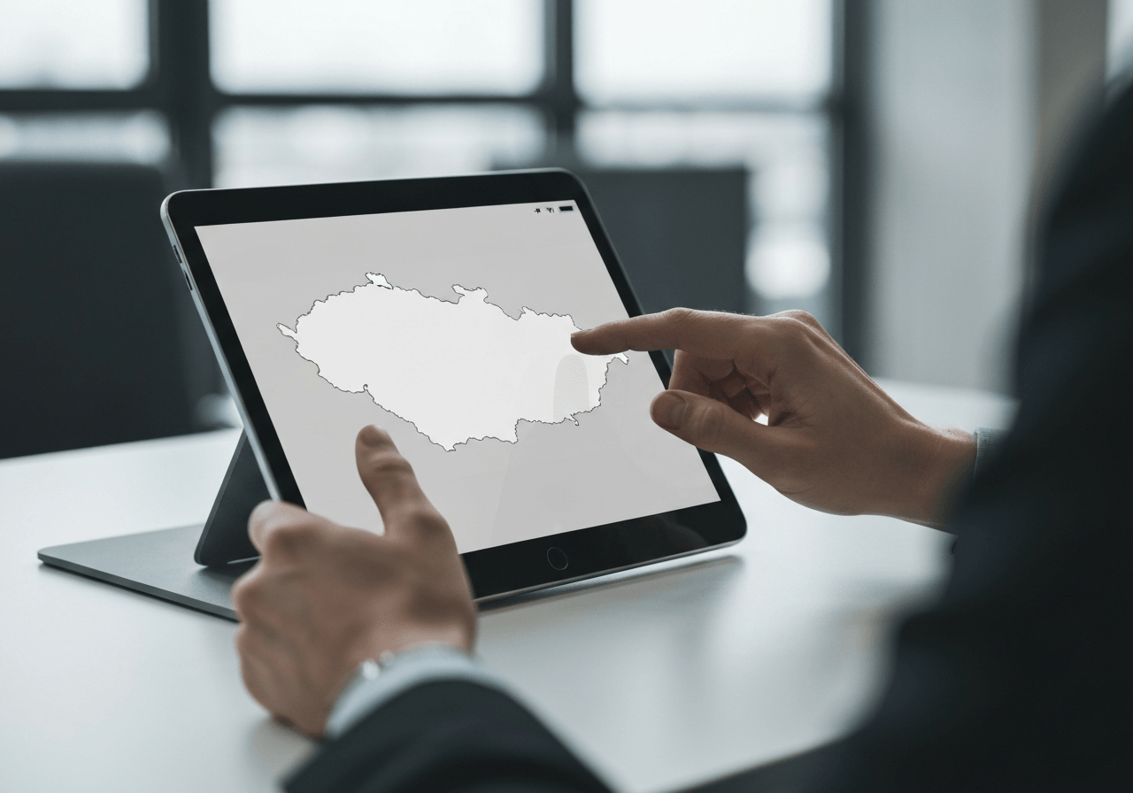 A professional hands interacting with a digital tablet displaying a clean map of the Czech Republic, modern office environment, soft natural light, premium editorial aesthetic, 85mm lens, high resolution, no text, no words, no letters