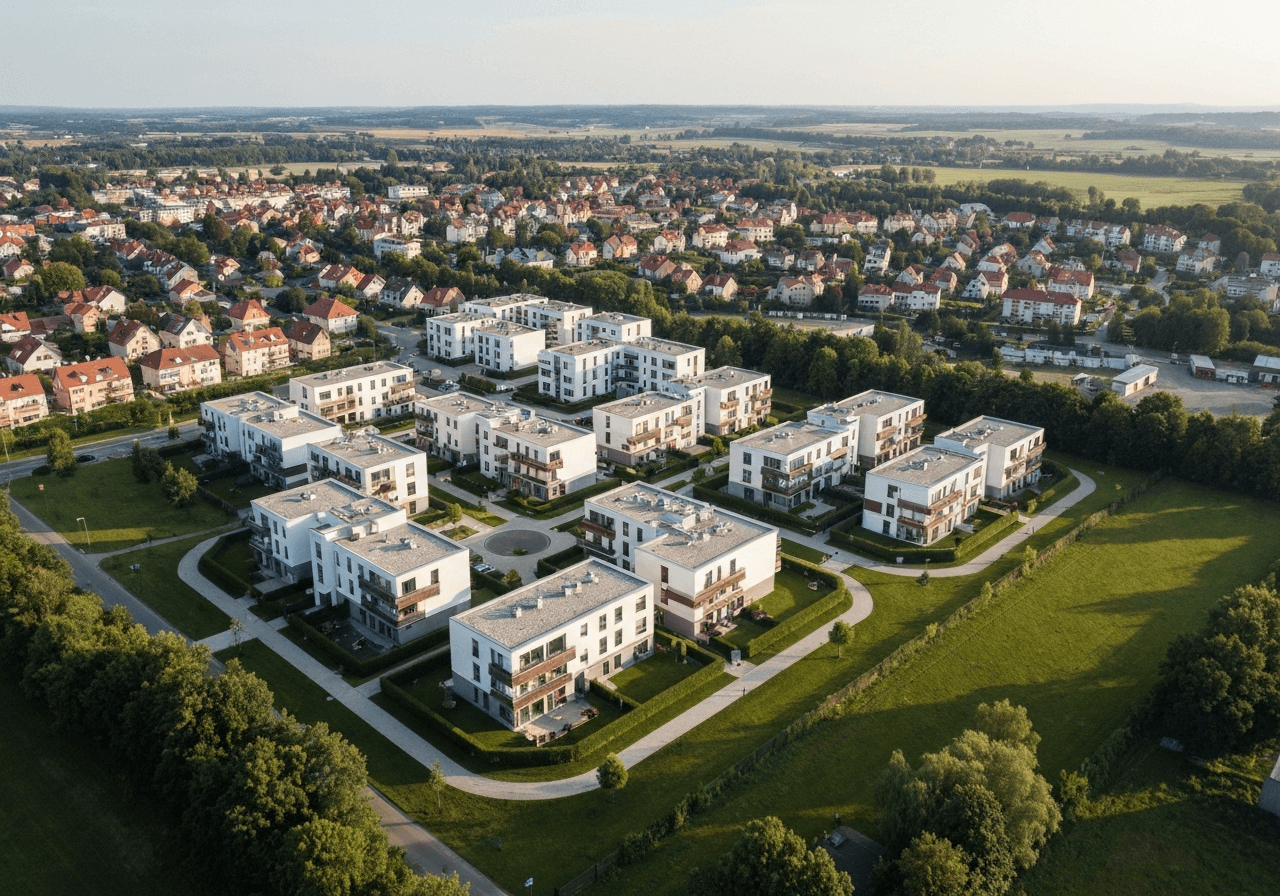 Aerial photography of a modern suburban neighborhood in Říčany, clean architecture, green spaces, soft natural morning light, editorial style, 85mm lens, high resolution, no text, no words, no letters.