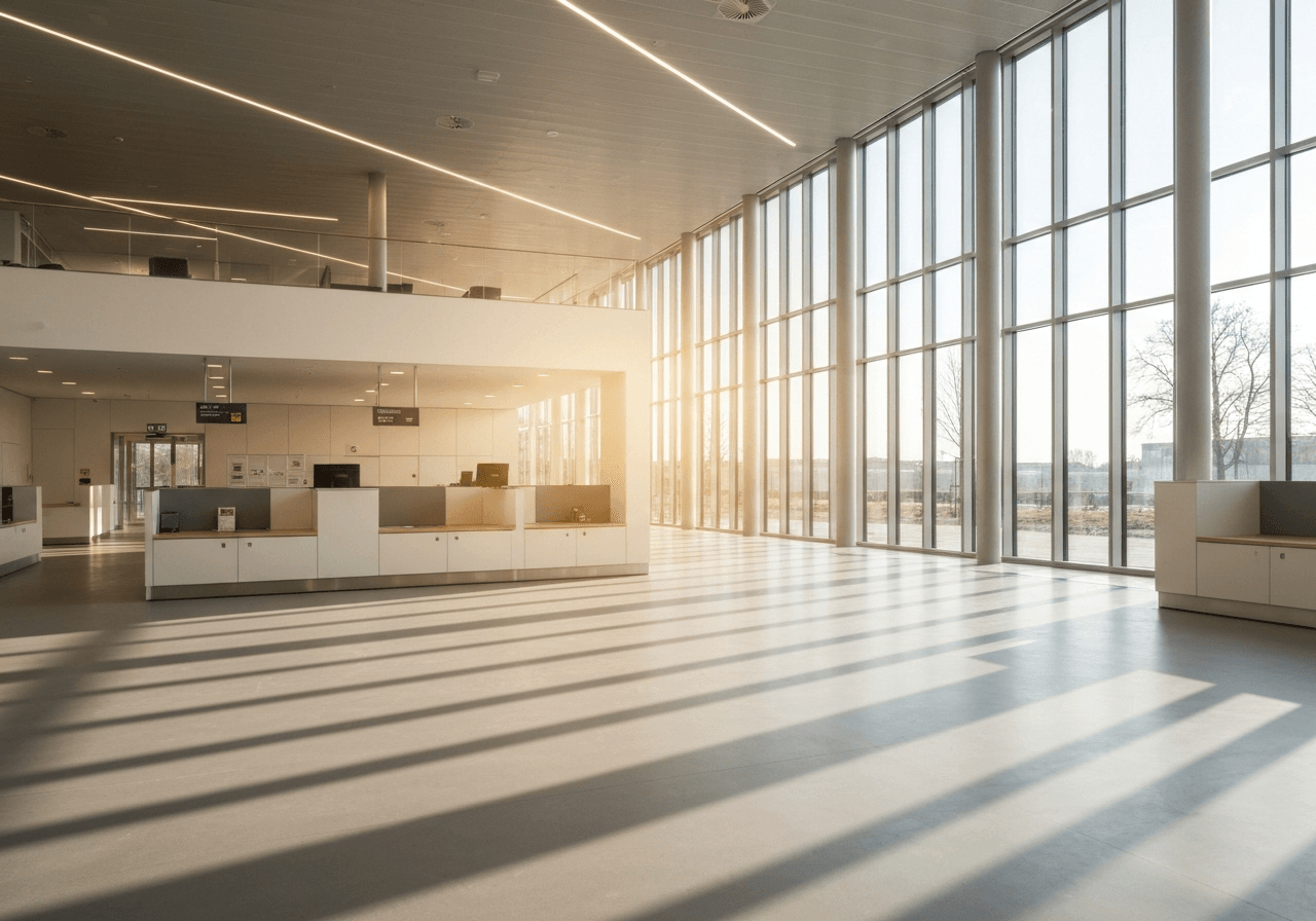 Modern postal delivery hub in Ricany, clean minimalist architecture, sunlight streaming through windows, depth of field, premium editorial photography, soft natural lighting, 85mm lens, no text, no words, no letters