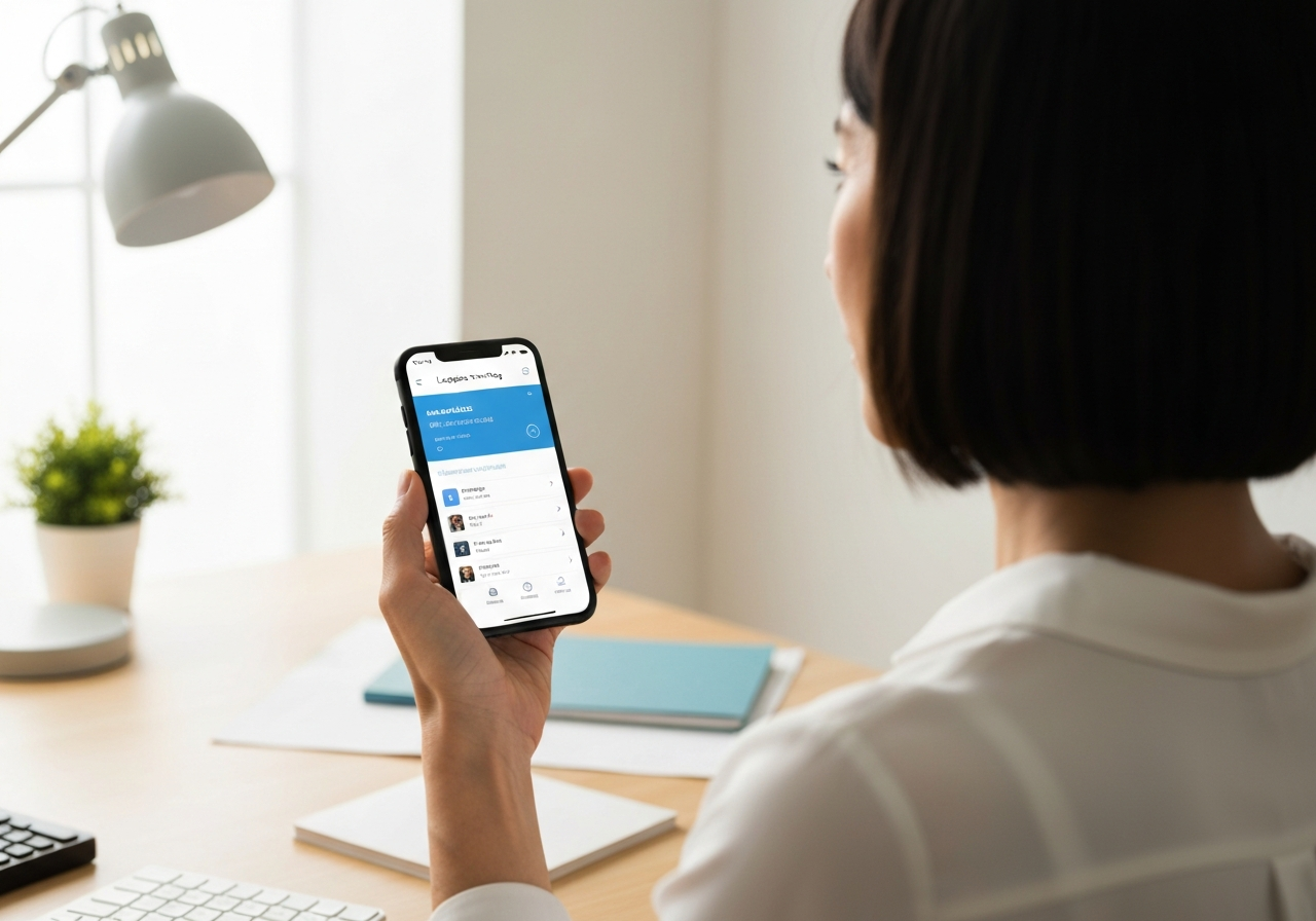A smartphone displaying a logistics tracking application interface held by a person in a modern bright home office, editorial photography, clean aesthetic, soft natural light, 85mm lens, highly detailed, no text, no letters