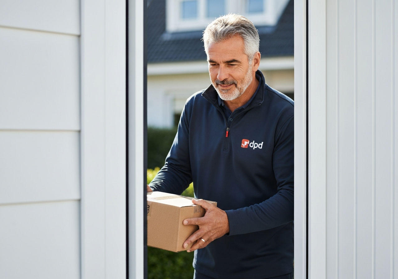A professional DPD courier scanning a package at a modern, clean doorstep, soft natural light, editorial photography style, 85mm lens, high resolution, no text, no letters.