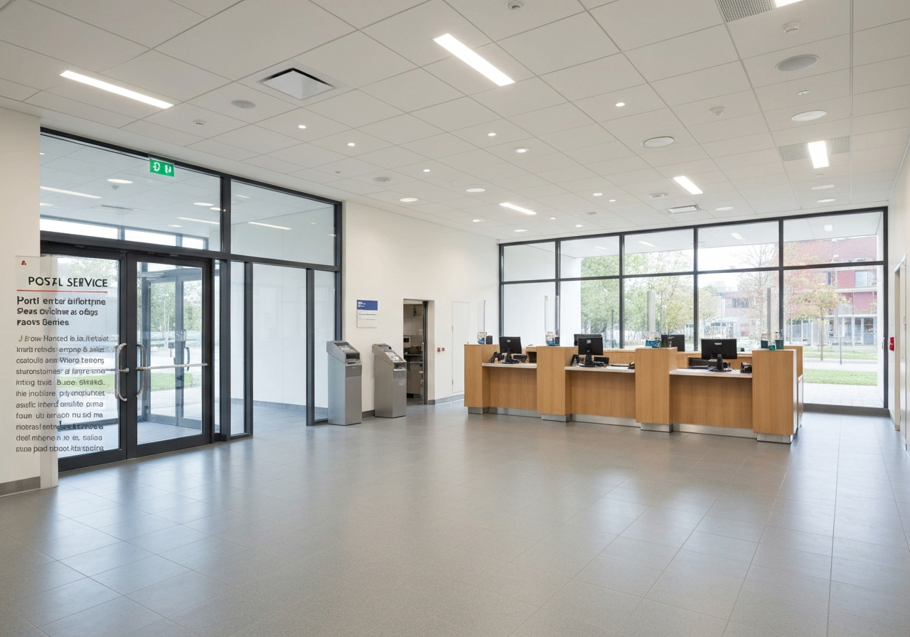 A professional postal service interior, modern and clean architectural design, bright lobby with ergonomic counters, soft natural light, editorial photography style, 85mm lens, high resolution, no text, no words, no letters.