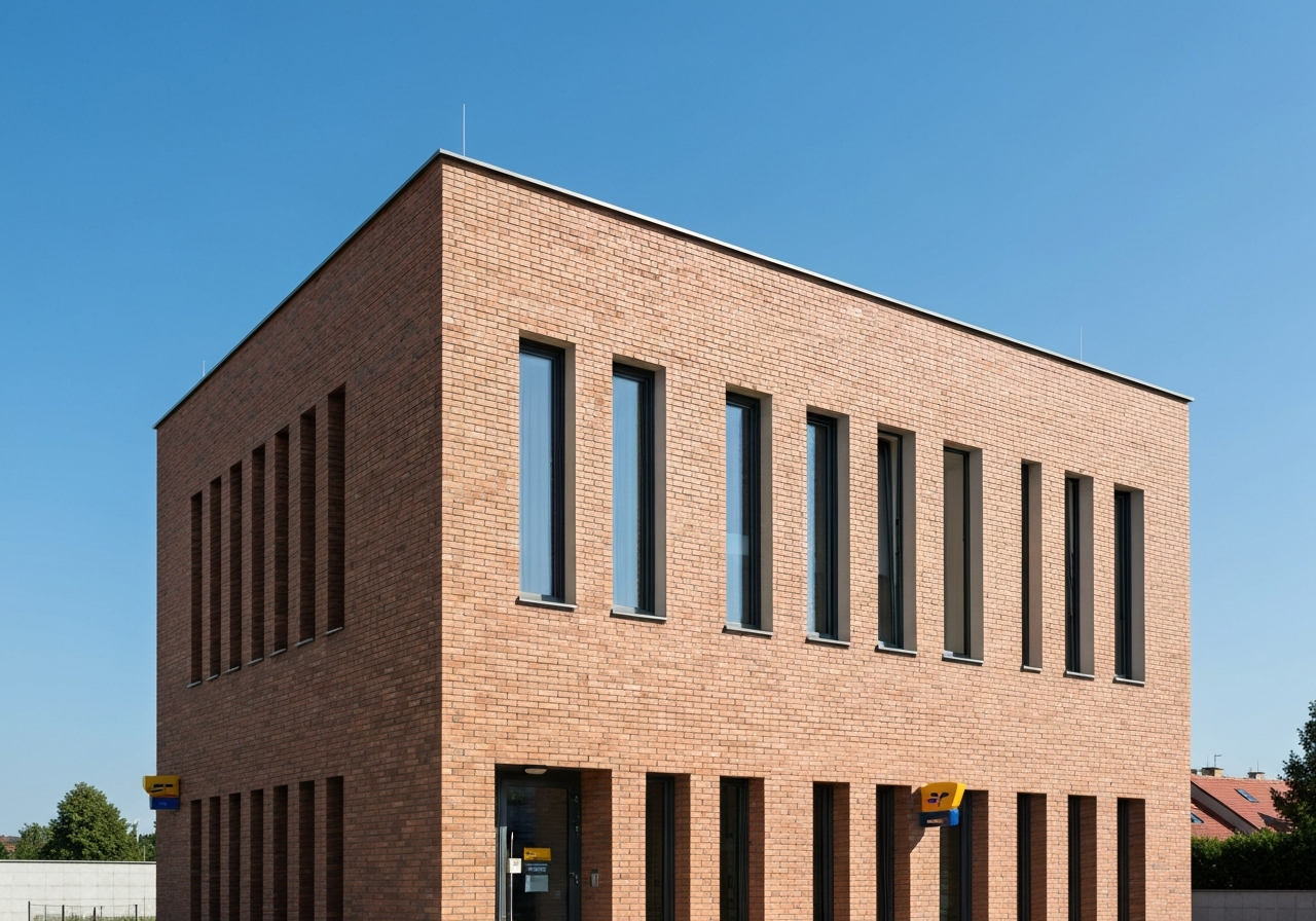 A modern, clean exterior of a Czech post office branch, brick building architecture, bright daylight, editorial style, 85mm lens, high quality, no text, no words, no letters