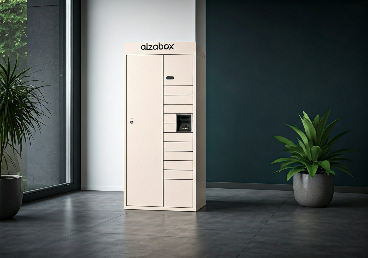 A modern AlzaBox delivery locker located in a clean, contemporary residential setting in Horoměřice, editorial style photography, soft natural daylight, shallow depth of field, 85mm lens, premium aesthetics, no text, no words, no letters.