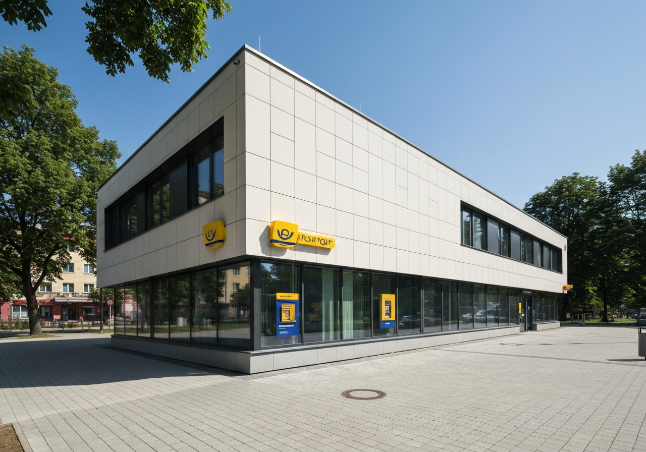 Modern facade of a Czech Post office branch in an urban setting, clear signage, bright daylight, editorial style, high resolution, soft natural lighting, 85mm lens, no text, no words, no letters