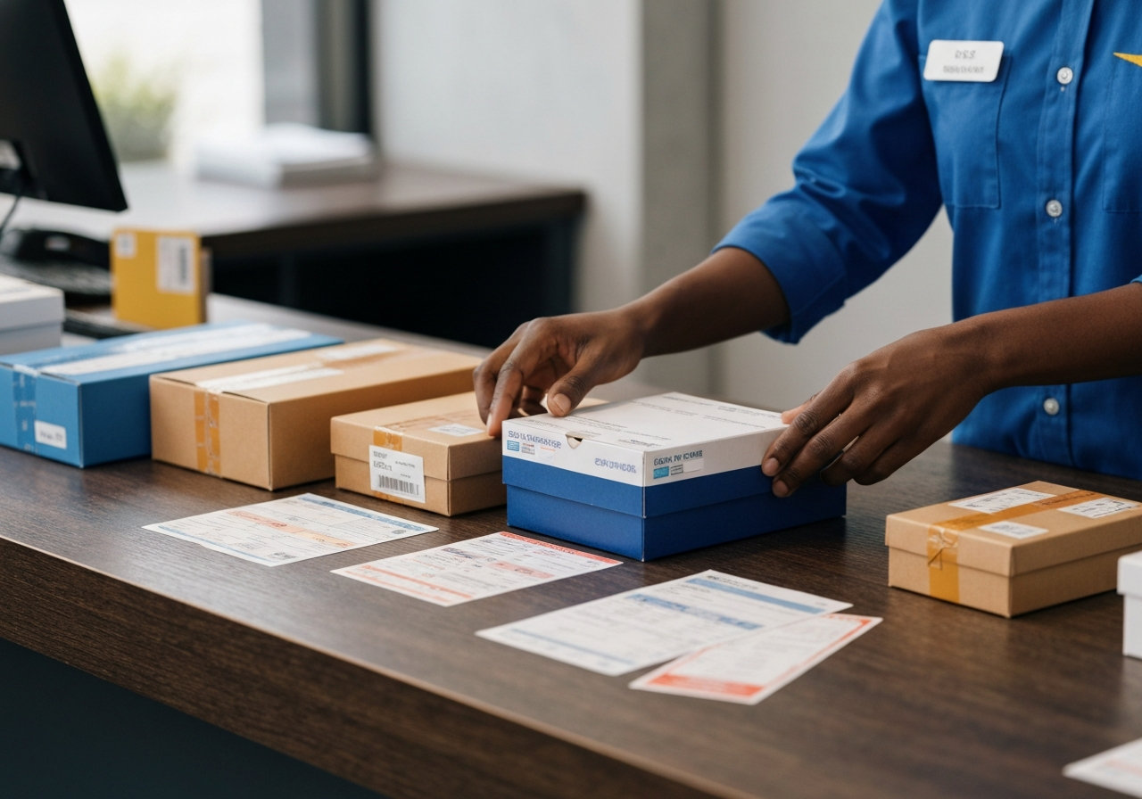 A professional hands organizing parcel boxes and shipping labels on a clean wooden counter at a modern post office, soft natural light, 85mm lens, high quality editorial photography, no text, no letters