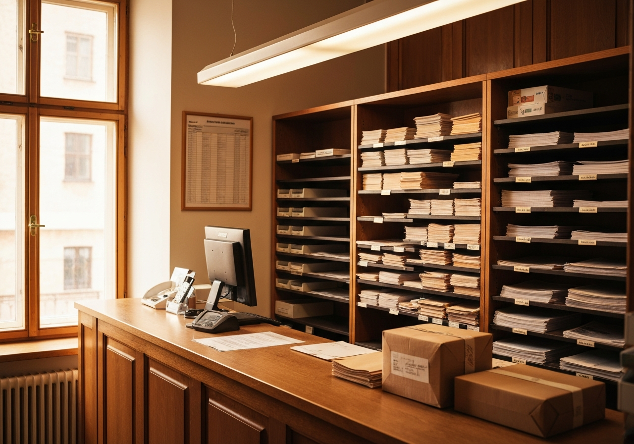 A professional, clean editorial shot of a traditional Czech post office counter interior, warm wood textures, organized postal forms, soft natural light streaming through a window, 85mm lens, high resolution, no text, no letters