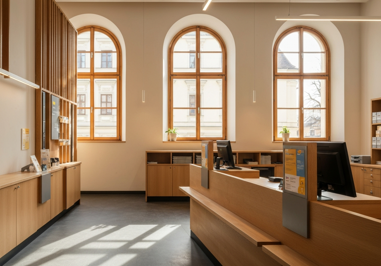 A professional shot of a modern, clean post office interior in a small Czech town, warm natural light streaming through windows, organized wooden counters, minimalist aesthetic, editorial photography style, 85mm lens, no text, no words, no letters.