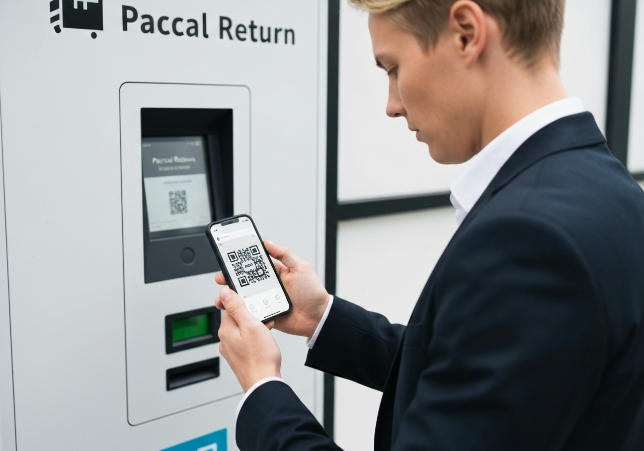 A professional person using a smartphone to scan a digital QR code for a parcel return at a modern delivery kiosk, minimalist and clean environment, high-end editorial aesthetic, soft natural daylight, 85mm lens, sharp focus on the phone screen, no text, no letters.