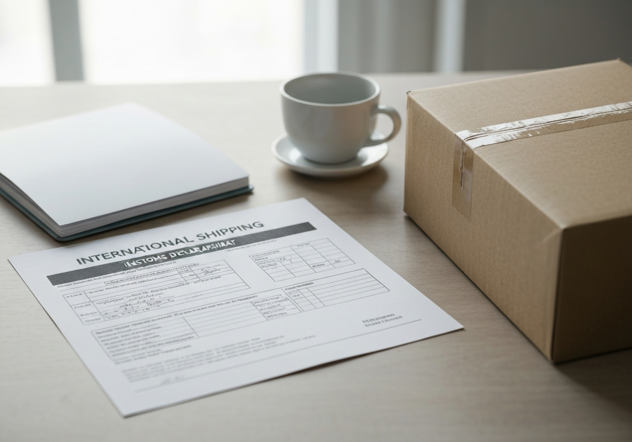 A neat workspace featuring international shipping documents, a customs declaration form, and a parcel ready for export, professional clean aesthetic, soft natural light, 85mm lens, high resolution, no text, no letters.