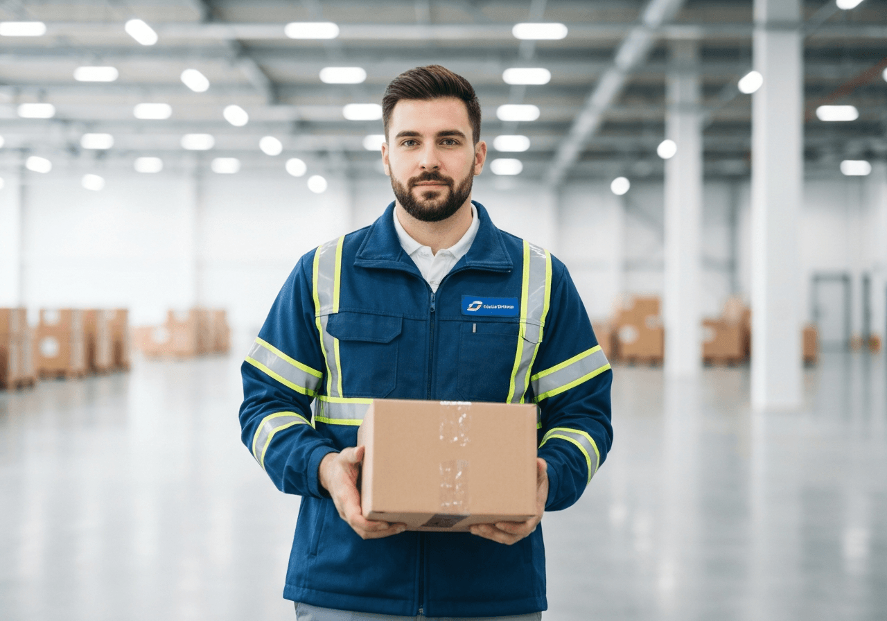 A professional postal worker in a modern, organized logistics center, holding a parcel, bright and clean aesthetic, editorial style, soft natural light, 85mm lens, high resolution, no text, no letters