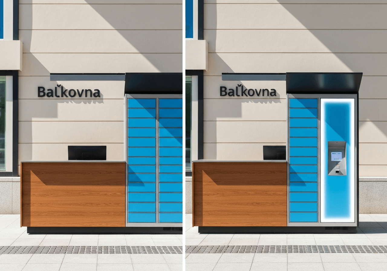 A split view showing a modern, clean Balíkovna service desk next to an automated, illuminated parcel locker in a bright urban space, editorial photography, premium atmosphere, soft natural light, 85mm lens, high resolution, no text, no words, no letters