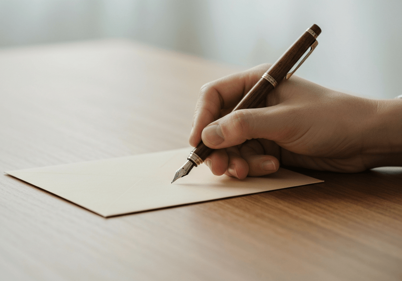 A close-up, high-quality editorial shot of a clean, minimalist wooden desk with a hand holding a vintage fountain pen writing on an envelope, soft natural light, professional composition, 85mm lens, depth of field, no text, no words, no letters.