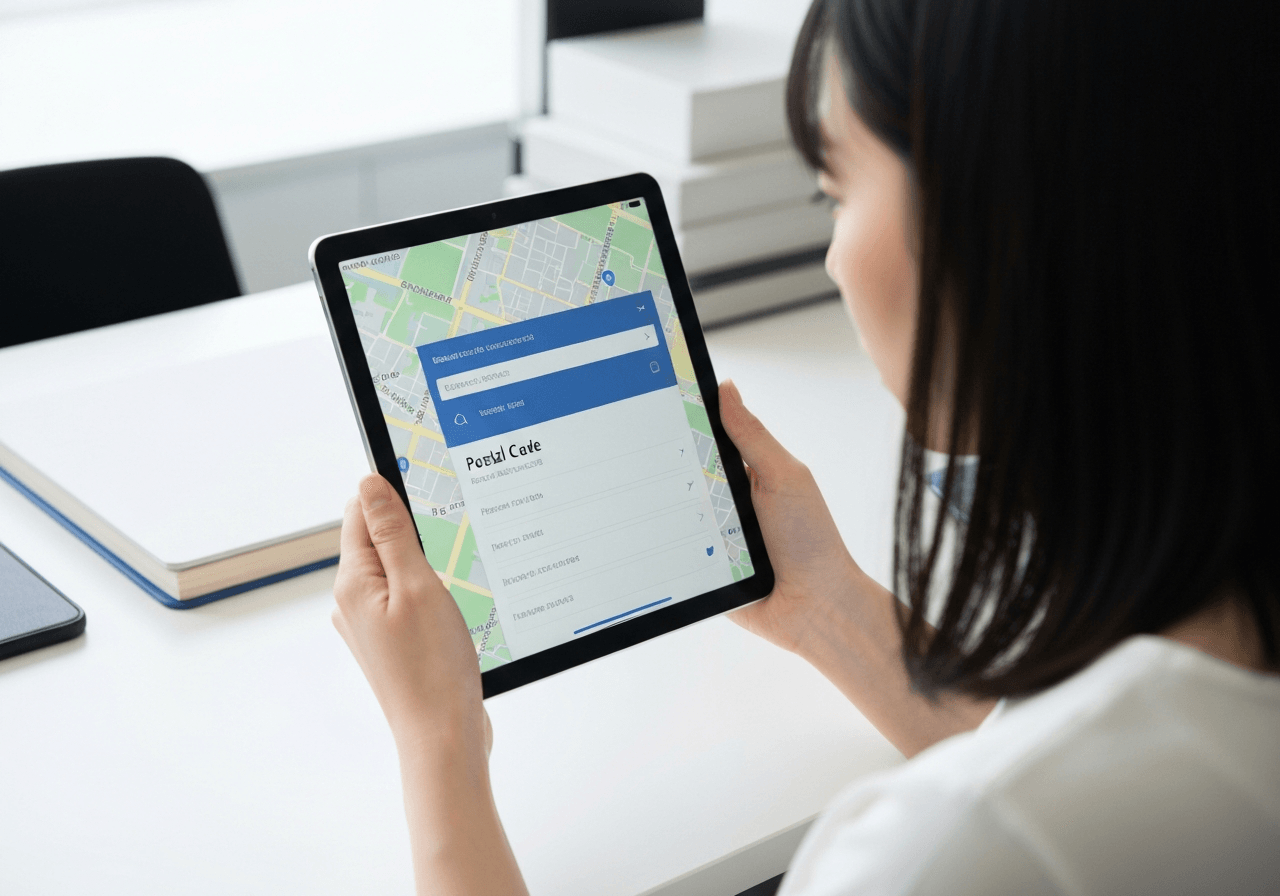 A close-up, professional photograph of a person holding a tablet showing a map and postal code search interface, clean minimalist office desk background, soft natural lighting, editorial style, 85mm lens, no text, no words, no letters.