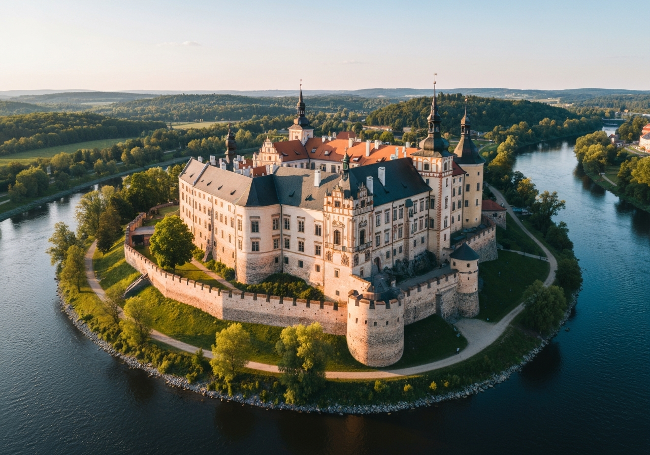 Aerial view of Hluboka nad Vltavou castle during golden hour, cinematic landscape photography, soft natural light, 85mm lens, high resolution, no text, no words, no letters