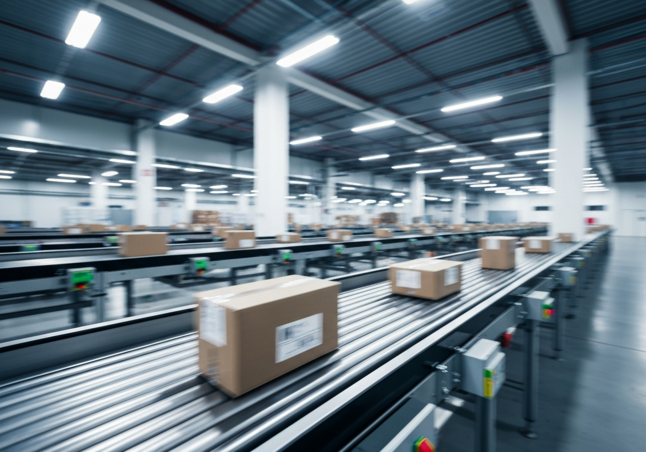 A professional logistics sorting center interior with blurred packages on a conveyor belt, soft bokeh background, modern industrial aesthetic, editorial style, professional lighting, 85mm lens, high resolution, no text, no words, no letters