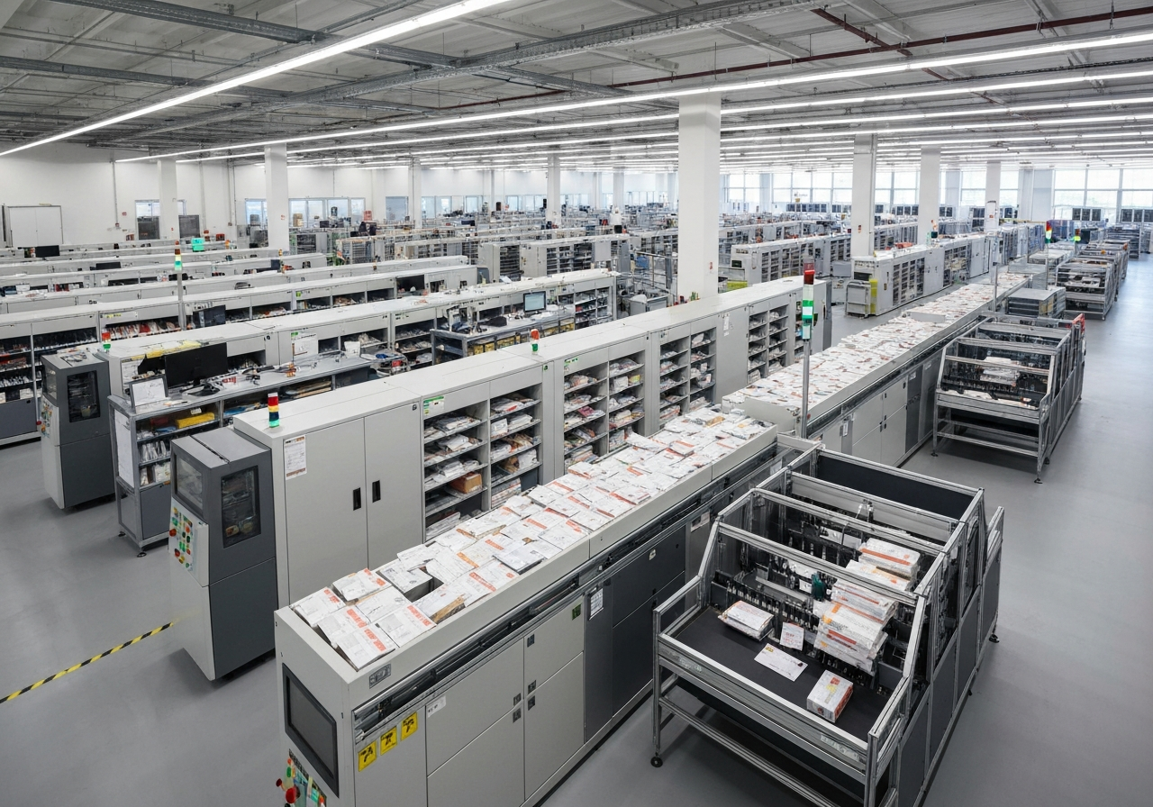 A high-angle editorial shot of a pristine, modern sorting center in the Czech Republic, focused on organized mail parcels, clean lines, professional atmosphere, soft natural light, 85mm lens, highly detailed, no text, no words, no letters.
