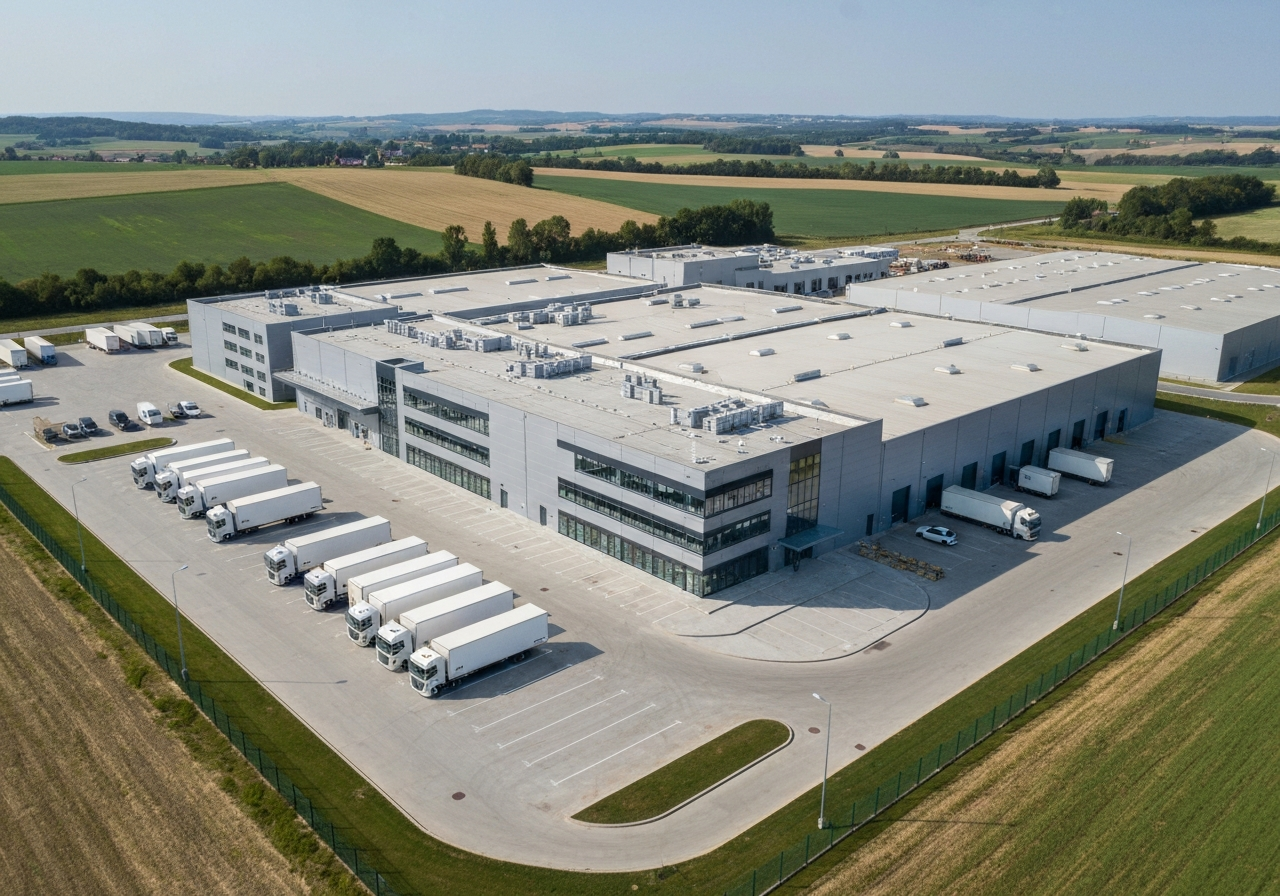 Aerial shot of a modern industrial facility in the Czech countryside, organized logistics yard with trucks, clean architectural lines, sunny day, 85mm lens, high resolution, no text, no letters