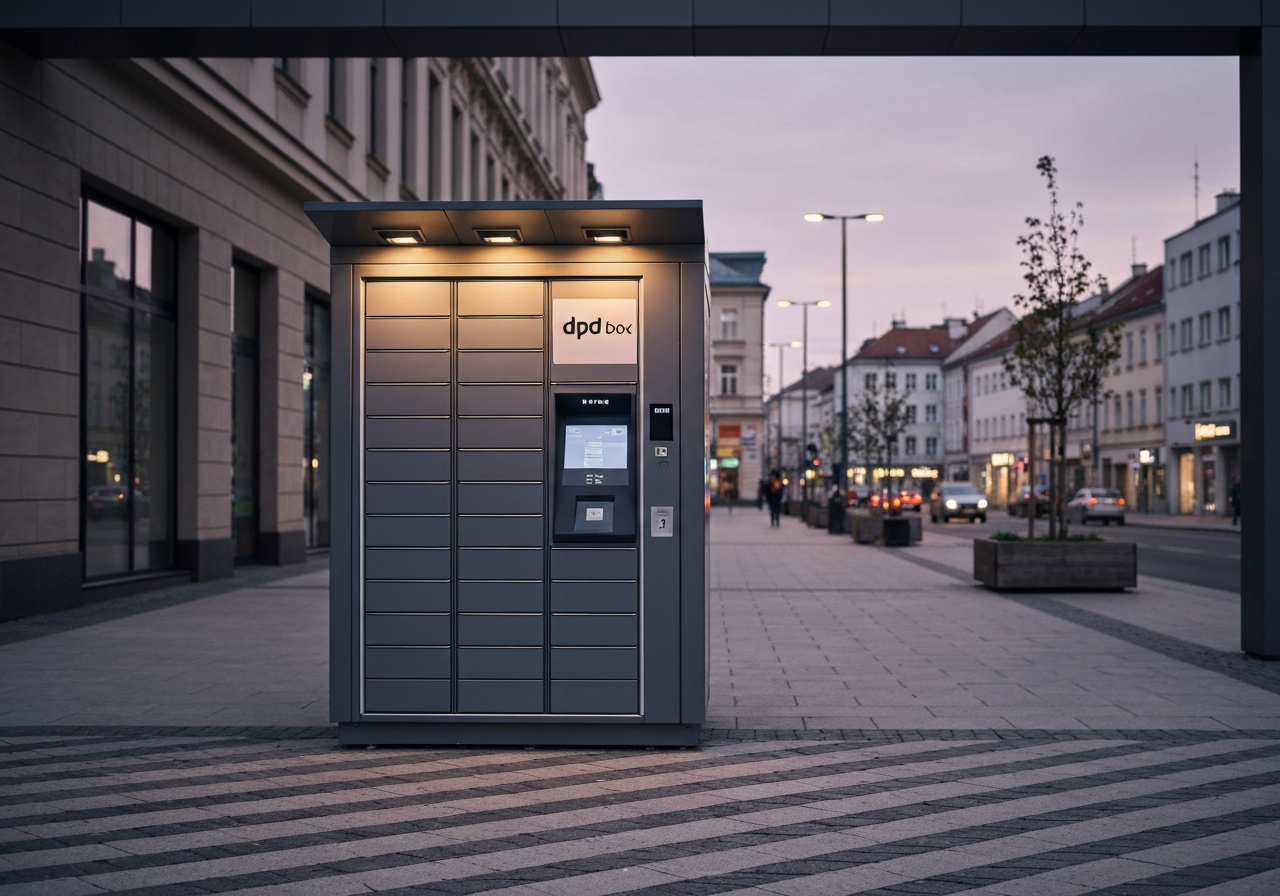 A sleek, modern automated parcel locker (DPD Box) situated in a clean urban environment in Olomouc, cinematic depth of field, natural evening light, highly detailed, professional photography style, no text, no words, no letters