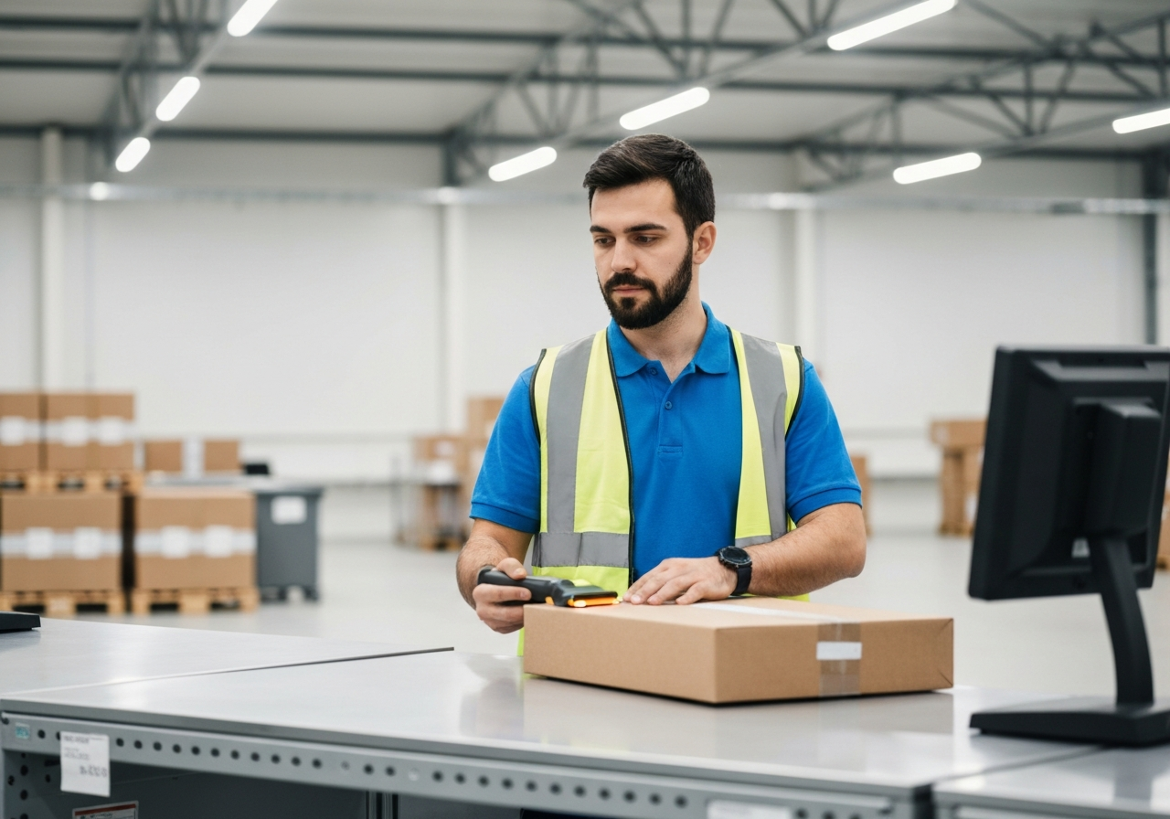 A professional logistics worker scanning a parcel in a modern, organized distribution center in Olomouc, bright and clean industrial environment, editorial photography, soft natural light, 85mm lens, highly detailed, no text, no letters.