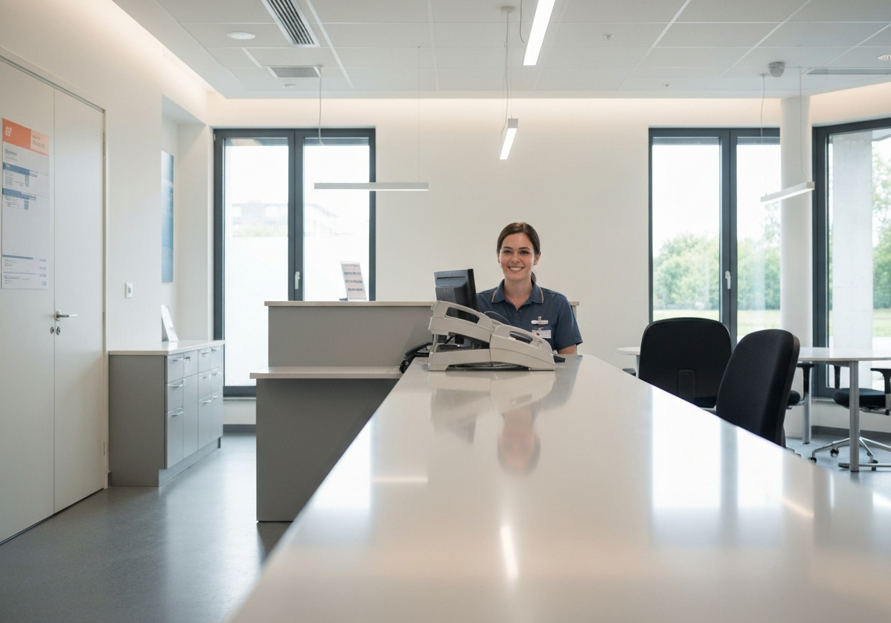 A professional, modern post office interior, customer service desk with a clean aesthetic, bright and welcoming atmosphere, soft natural light, 85mm lens, highly detailed, no text, no words, no letters