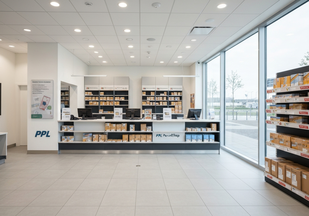 A professional, modern PPL ParcelShop interior showing a clean service counter with organized packages, bright and welcoming atmosphere, soft natural light, editorial photography style, 85mm lens, high resolution, no text, no letters