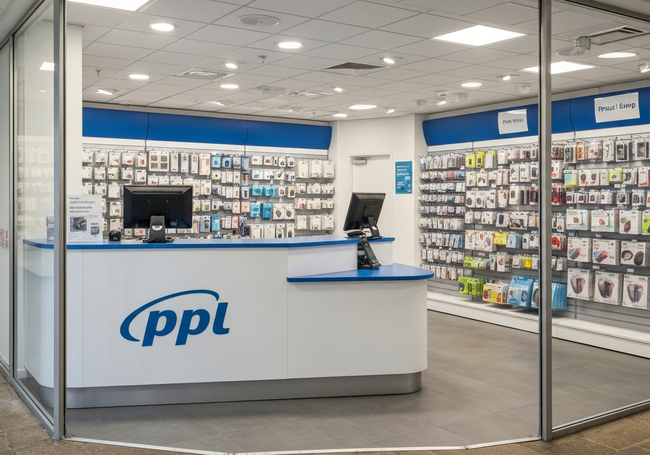 Professional editorial photography of a modern parcel shop counter with a PPL branding, clean interior of an electronics store, soft natural light through a glass storefront, 85mm lens, high-end commercial aesthetic, no text, no words, no letters.