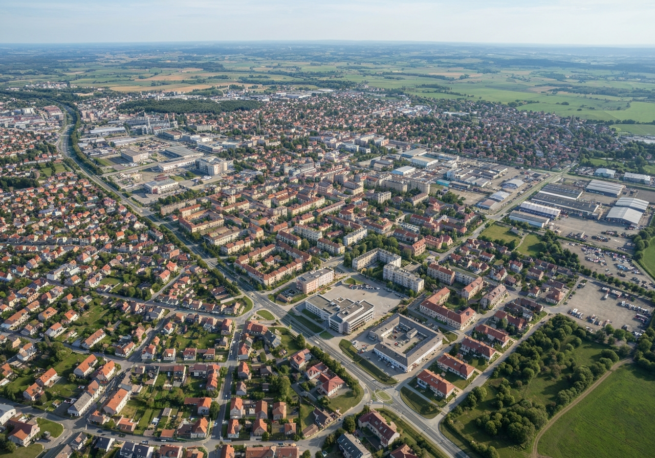 Aerial view of Svitavy city layout in Pardubický kraj, modern urban planning, clear streets and industrial zones, crisp editorial photography, soft natural light, 85mm lens, high resolution, no text, no letters